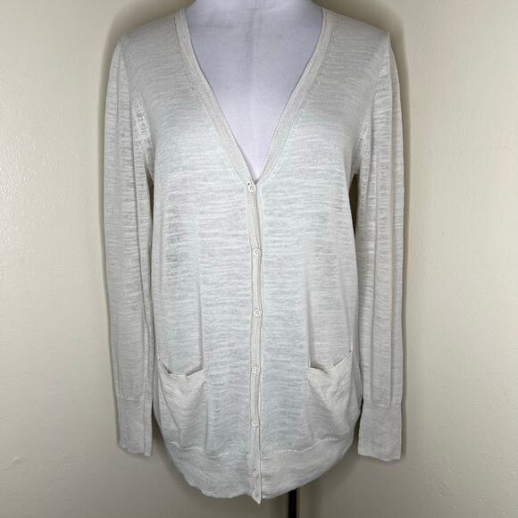 J.Crew Airspun Linen Blend Cardigan Sweater MEDIUM Beige Burnout V-Neck Preppy - Picture 1 of 7